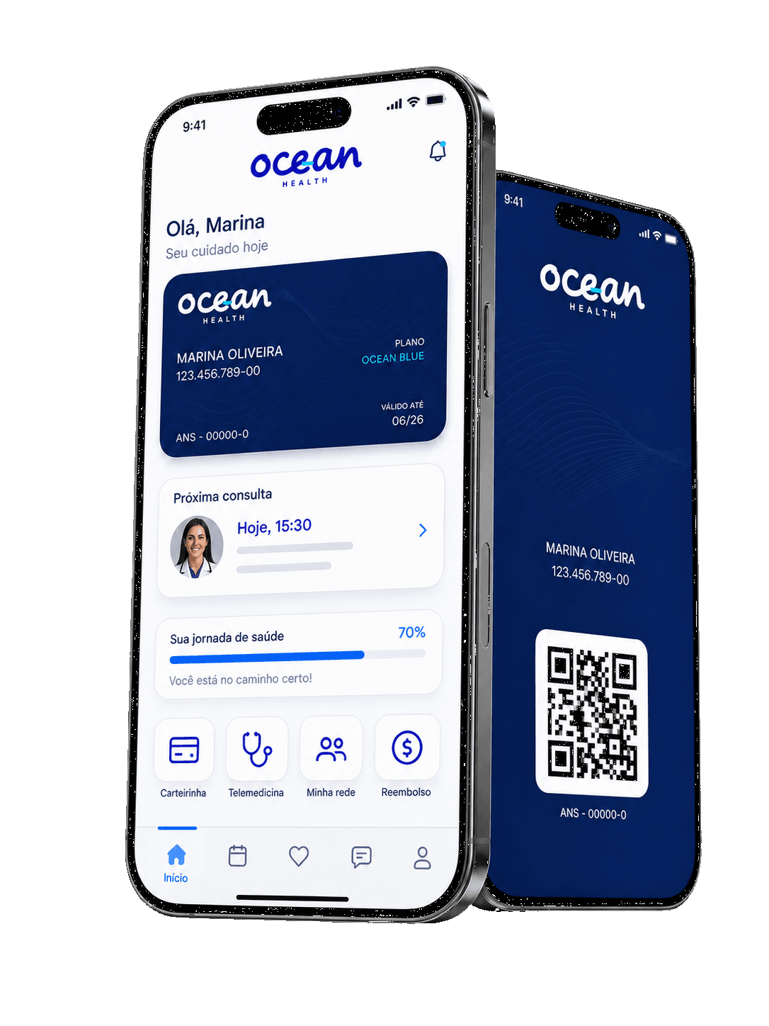 Aplicativo Ocean Health com carteirinha digital, próxima consulta, jornada de saúde e acessos rápidos